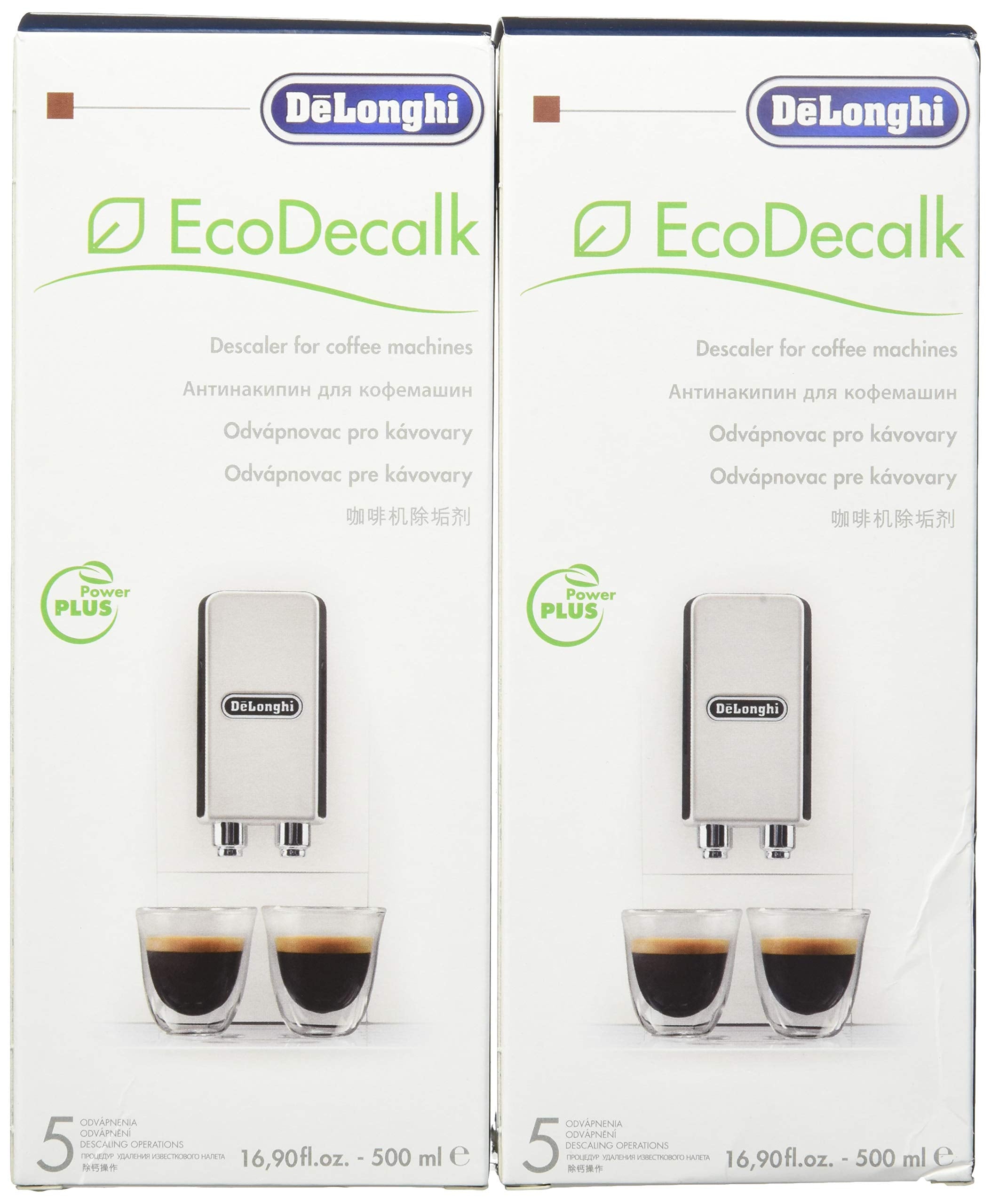 Delonghi Eco Descaling Solution bottle with green cap for eco-friendly coffee machine care.