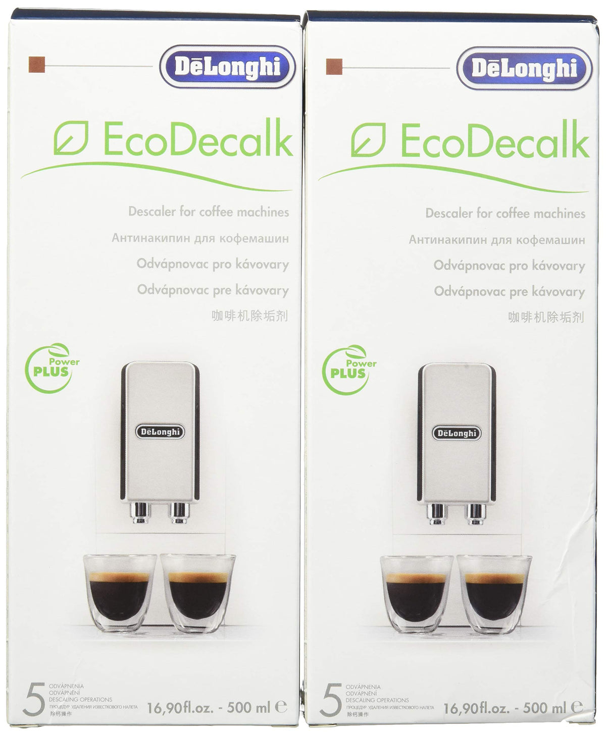 Delonghi Eco Descaling Solution bottle with green cap for eco-friendly coffee machine care.