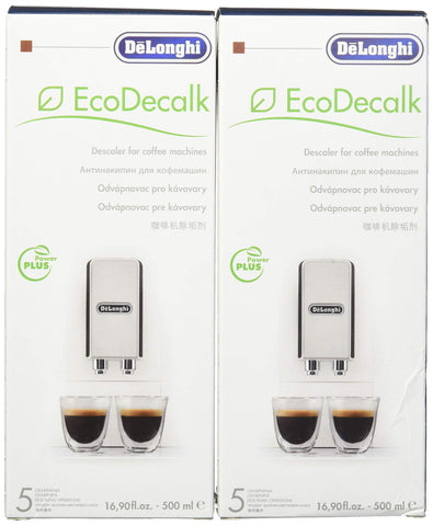 Delonghi Eco Descaling Solution bottle with green cap for eco-friendly coffee machine care.