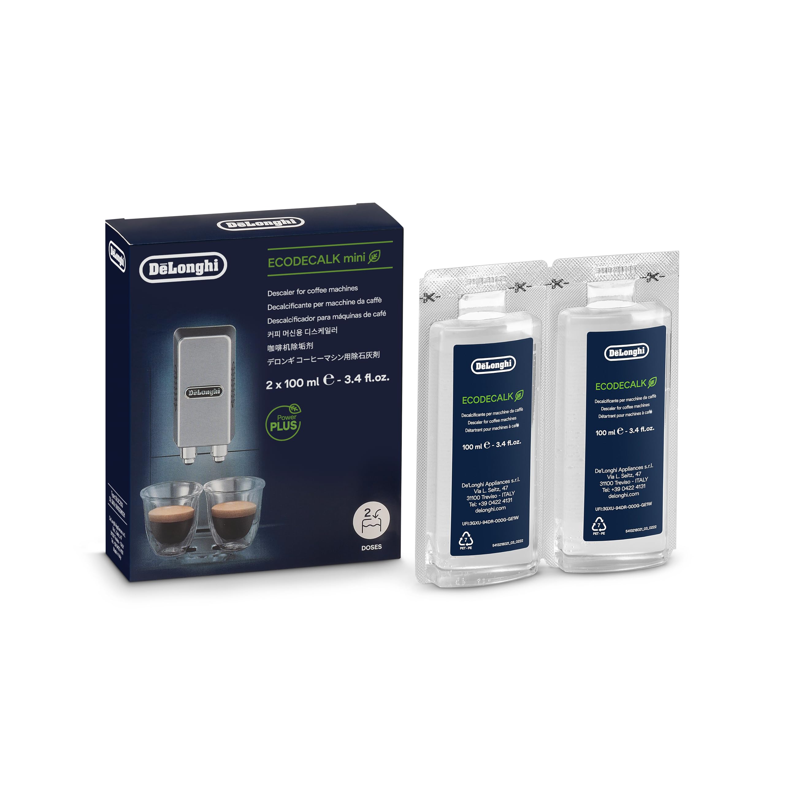 De'Longhi EcoDecalk bottle close-up, plant-based descaler for safe descaling.
