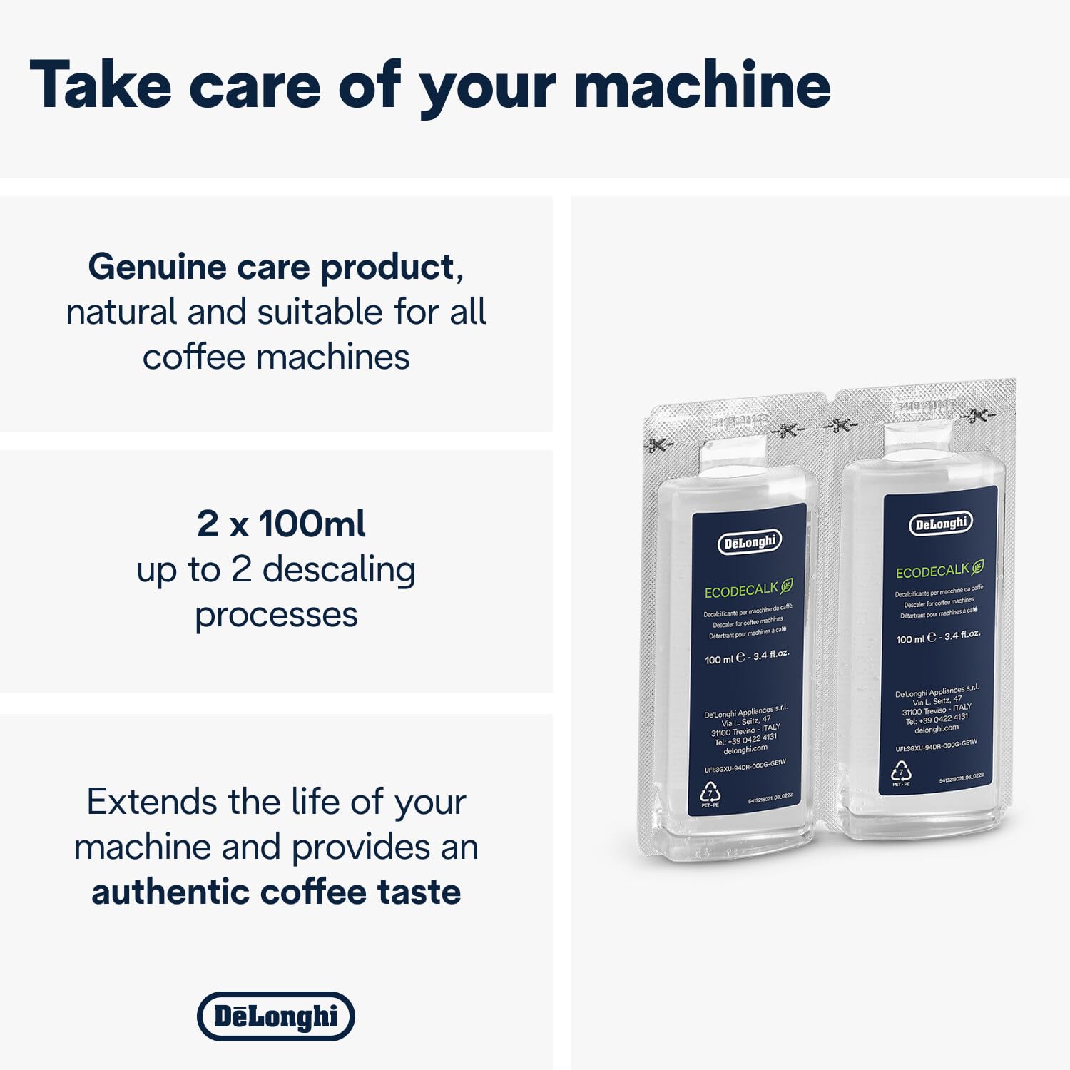 De'Longhi EcoDecalk two-bottle pack ready for regular machine maintenance.