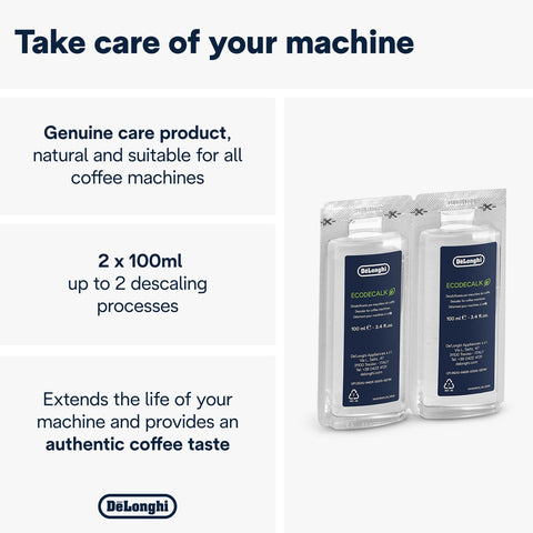 De'Longhi EcoDecalk two-bottle pack ready for regular machine maintenance.