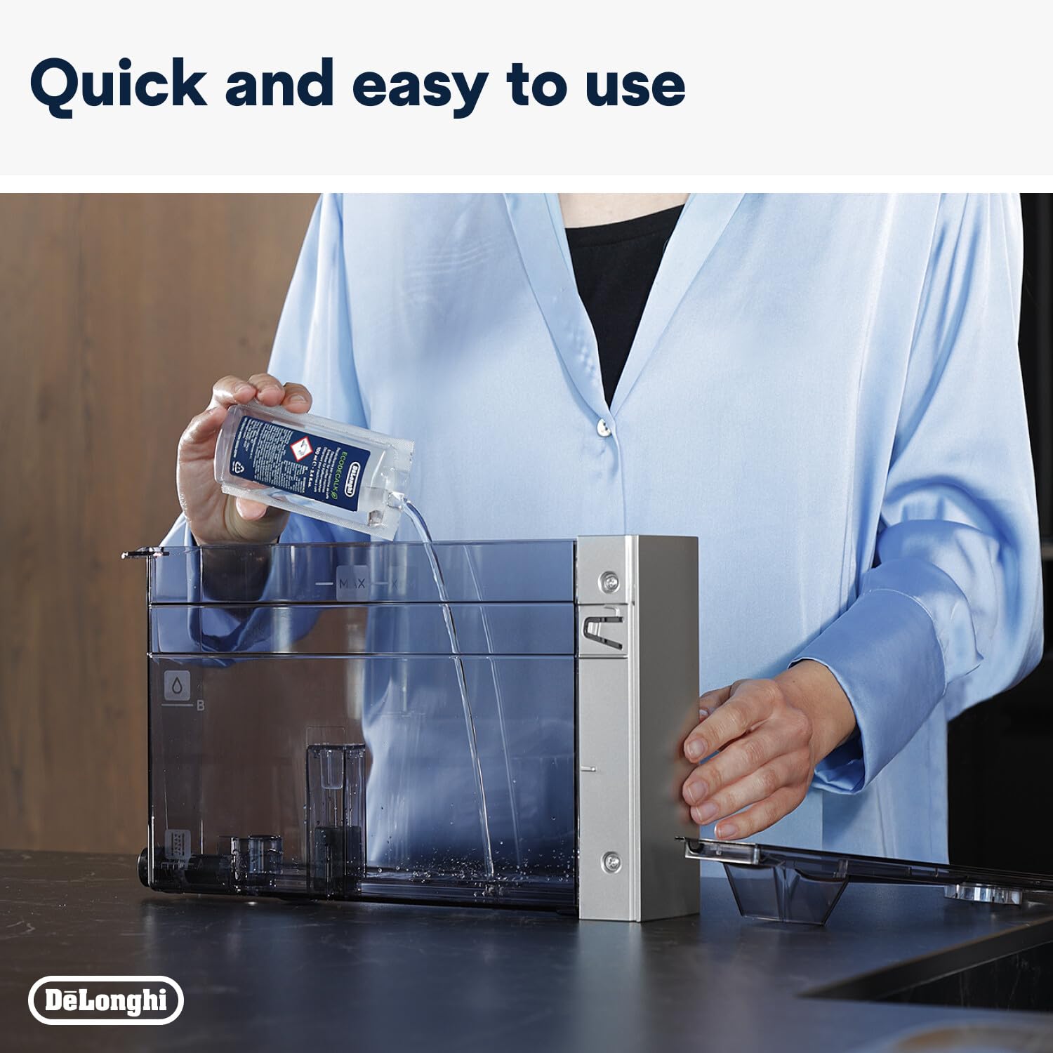De'Longhi EcoDecalk packaging box highlights eco-friendly ingredients.