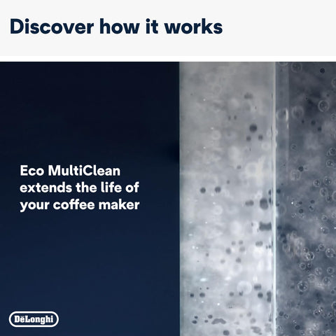 Pouring De'Longhi EcoDecalk into coffee machine reservoir for easy descaling.