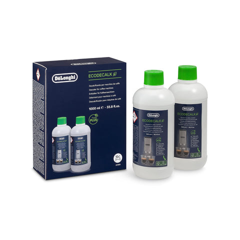 De'Longhi EcoDecalk 2-Pack bottle shows eco-friendly descaling for consistent coffee machine performance