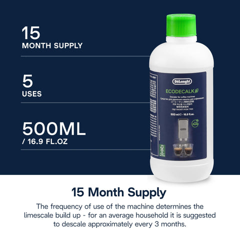 15-month supply label on EcoDecalk descaler box indicates long-term value for regular use.