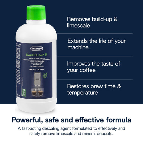 Internal machine components being cleaned with EcoDecalk, emphasizing safe descaling for coffee makers.