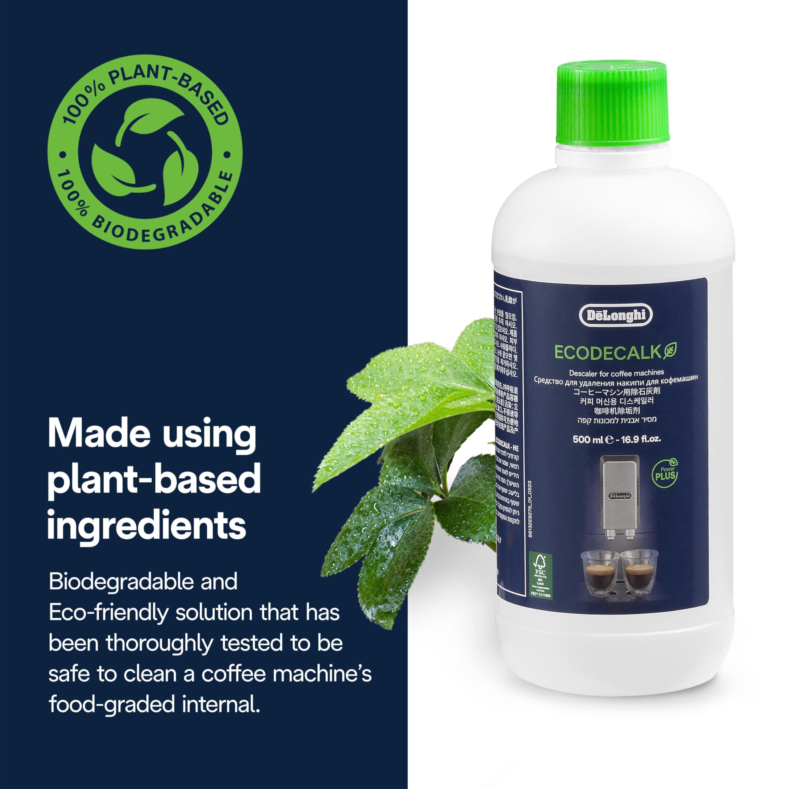 Plant-based formula of De'Longhi EcoDecalk descaler, designed to be safe for food-grade parts.