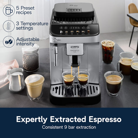 De'Longhi Magnifica Evo auto-clean function simplifies maintenance.