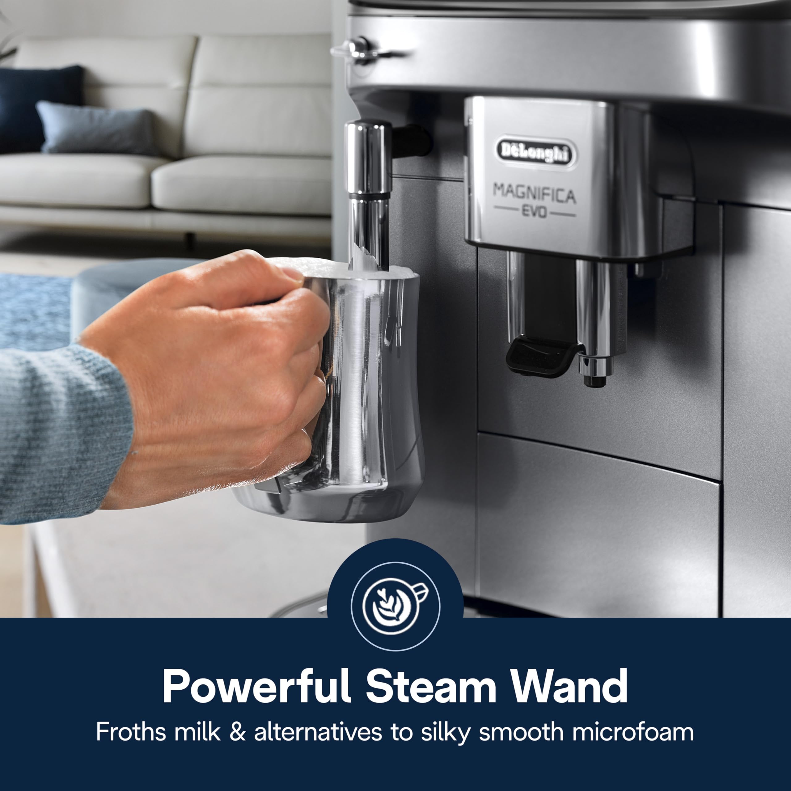 De'Longhi Magnifica Evo intuitive one-touch display for easy drinks.