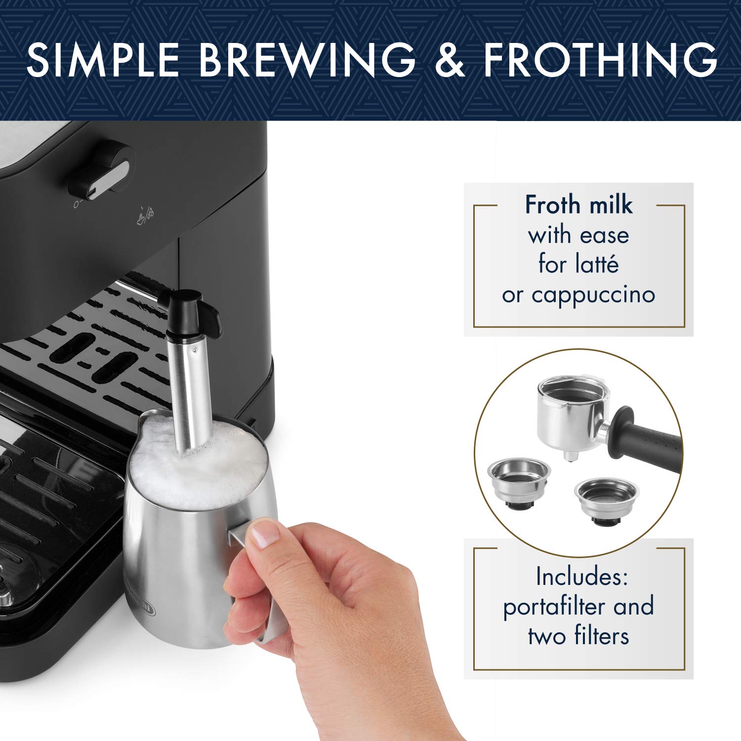 De'Longhi Stilosa manual milk frother creating smooth cappuccinos and lattes.