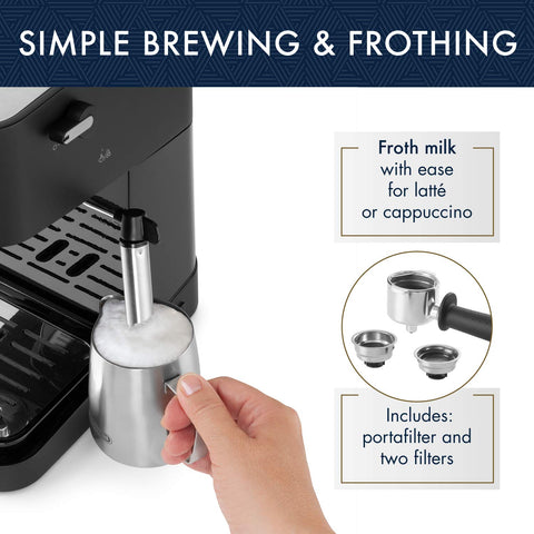 De'Longhi Stilosa manual milk frother creating smooth cappuccinos and lattes.