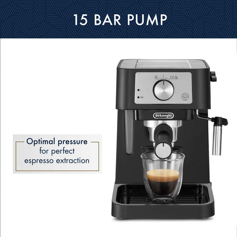 Ergonomic portafilter with two filters supports single and double espresso.