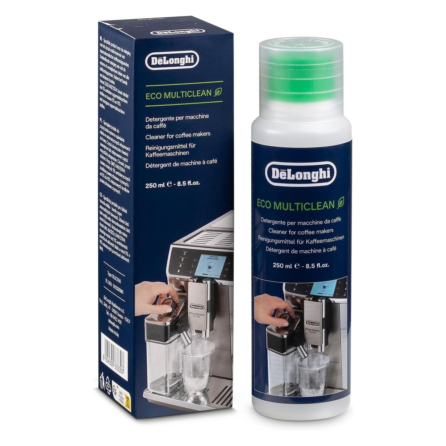 De'Longhi universal espresso cleaner bottle removes milk residue and buildup effectively.