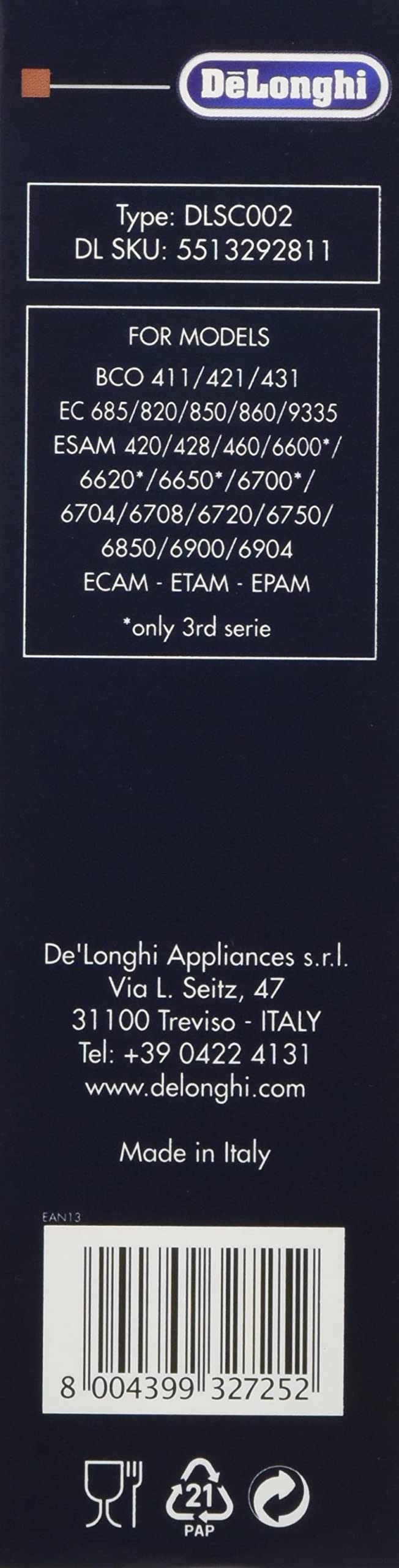Model-compatibility graphic lists compatible De'Longhi models.