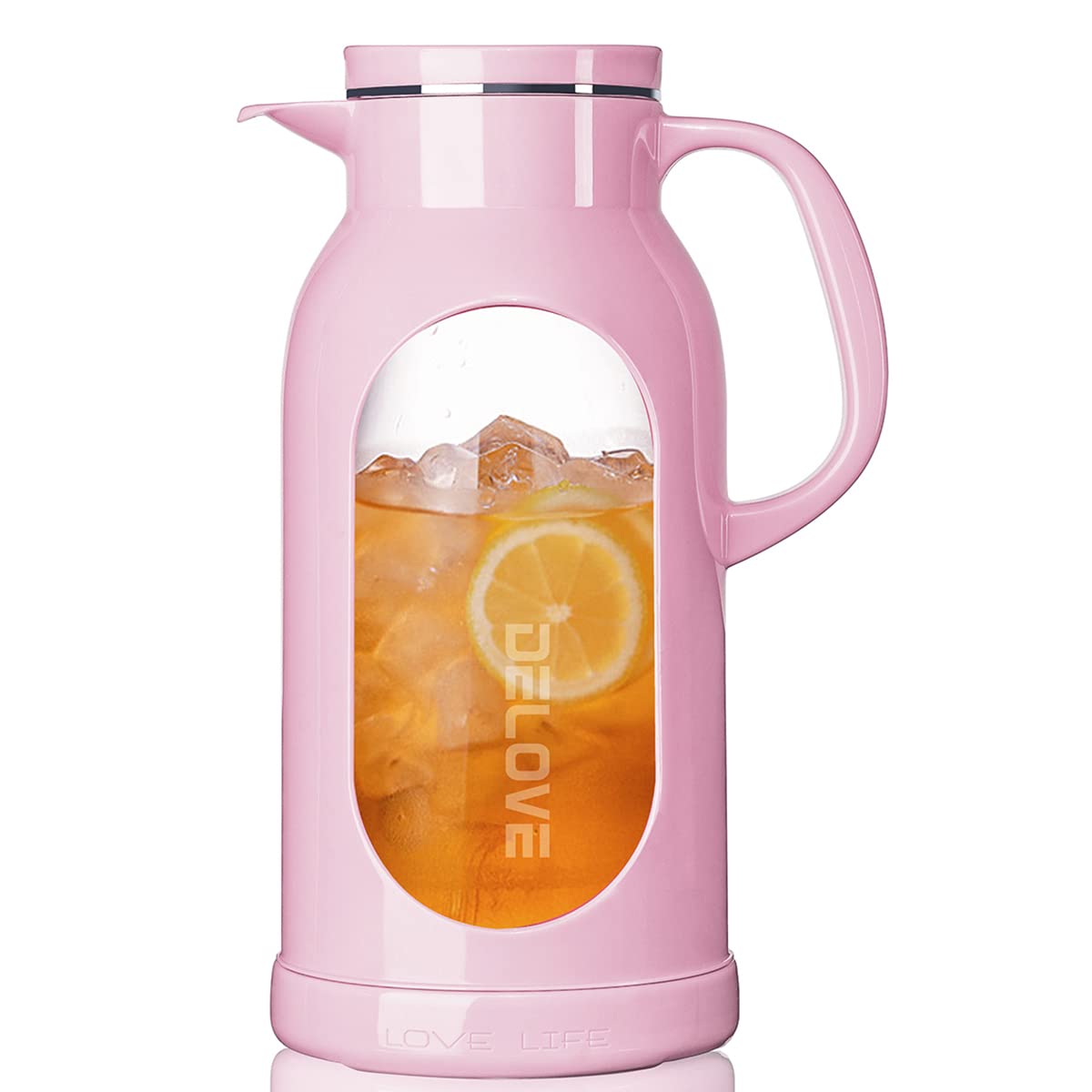 Delove 68oz glass pitcher with pink shatterproof shell and lid, stylish protection against bumps.