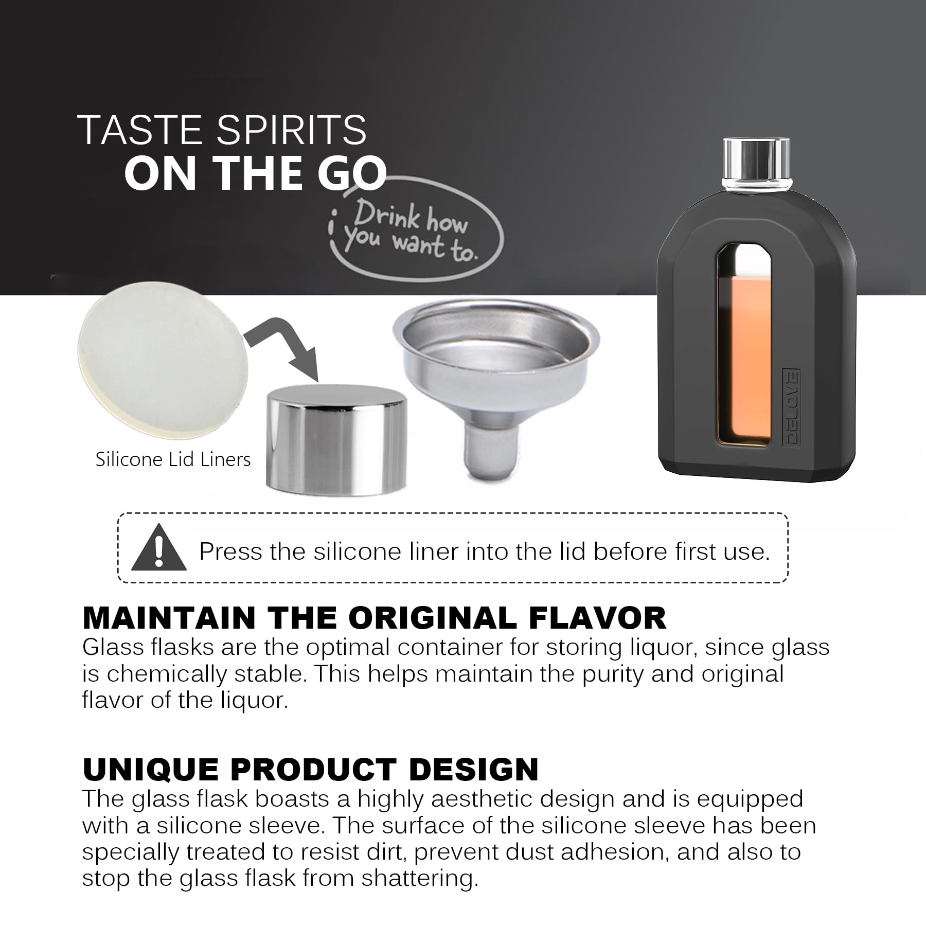 Delove glass flask features a cut-out sleeve to monitor liquor level at a glance.