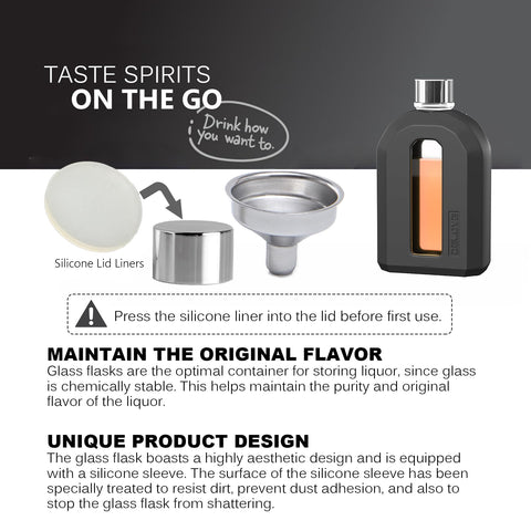 Delove glass flask features a cut-out sleeve to monitor liquor level at a glance.