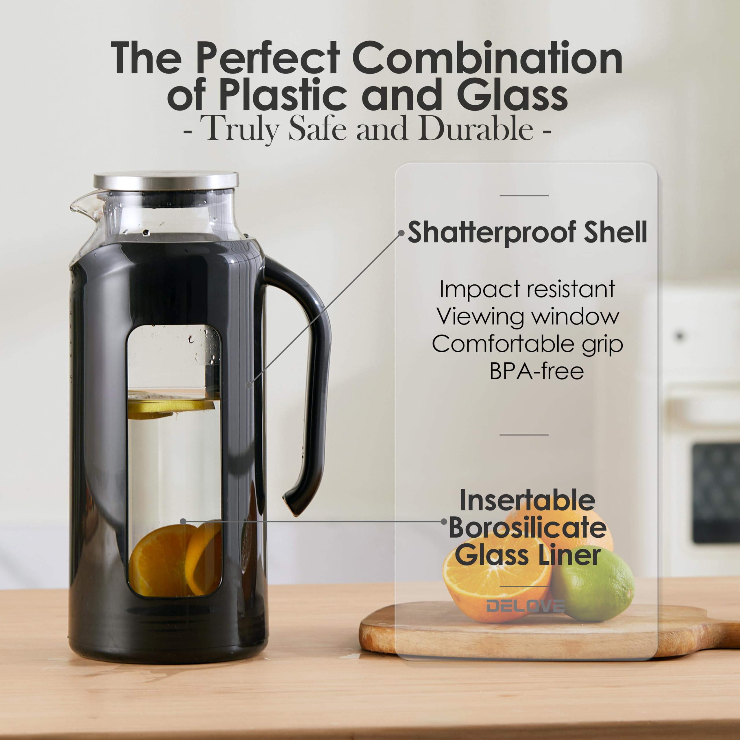 Delove pitcher with double-ear lid, keeps dust out and serves as a fruit-tea filter.