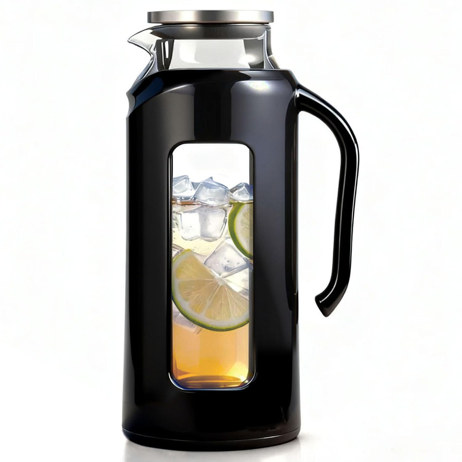 Delove glass pitcher with lid and shatterproof shell, ideal for iced tea and infused water.