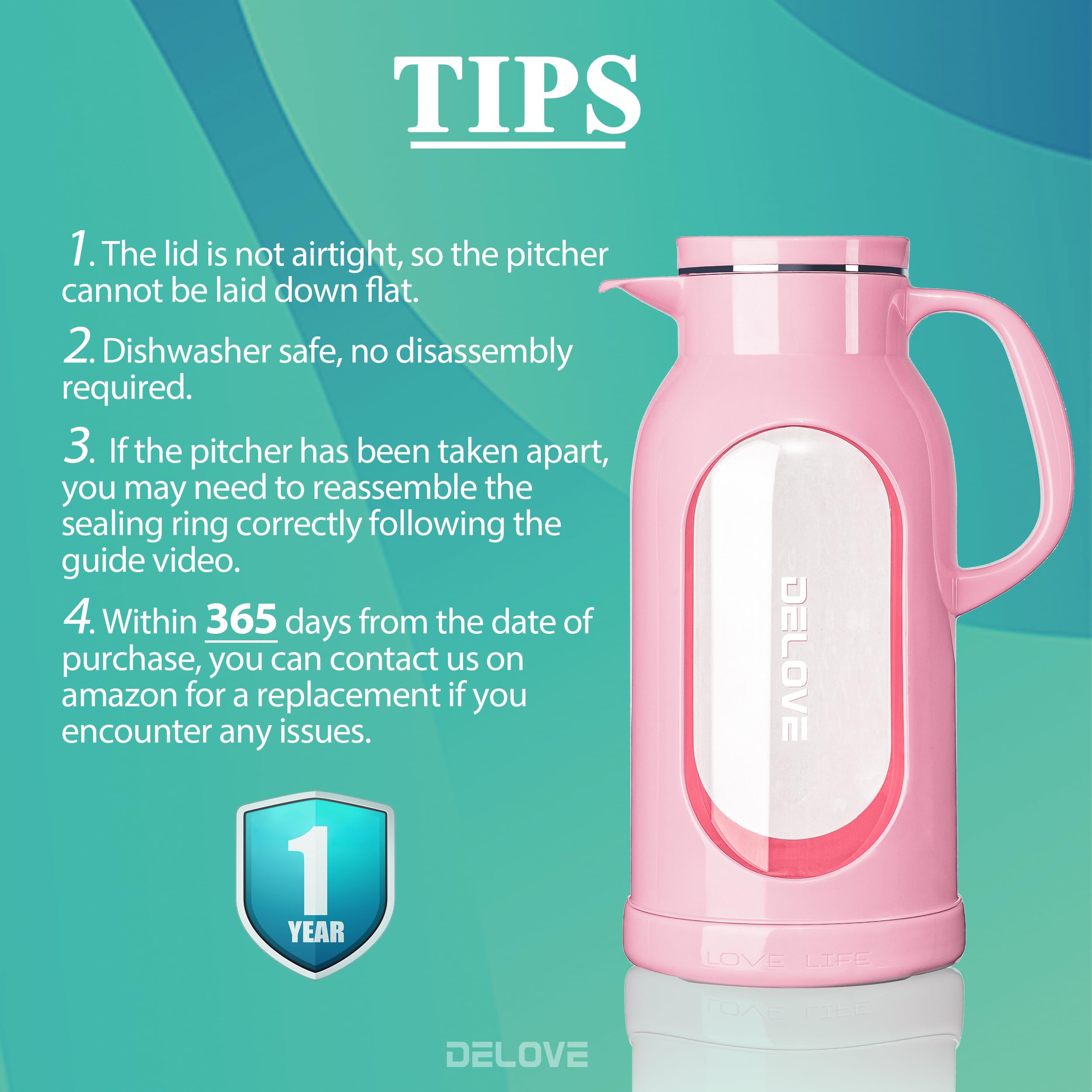 Delove pitcher lid is dishwasher-safe for easy cleanup after use.