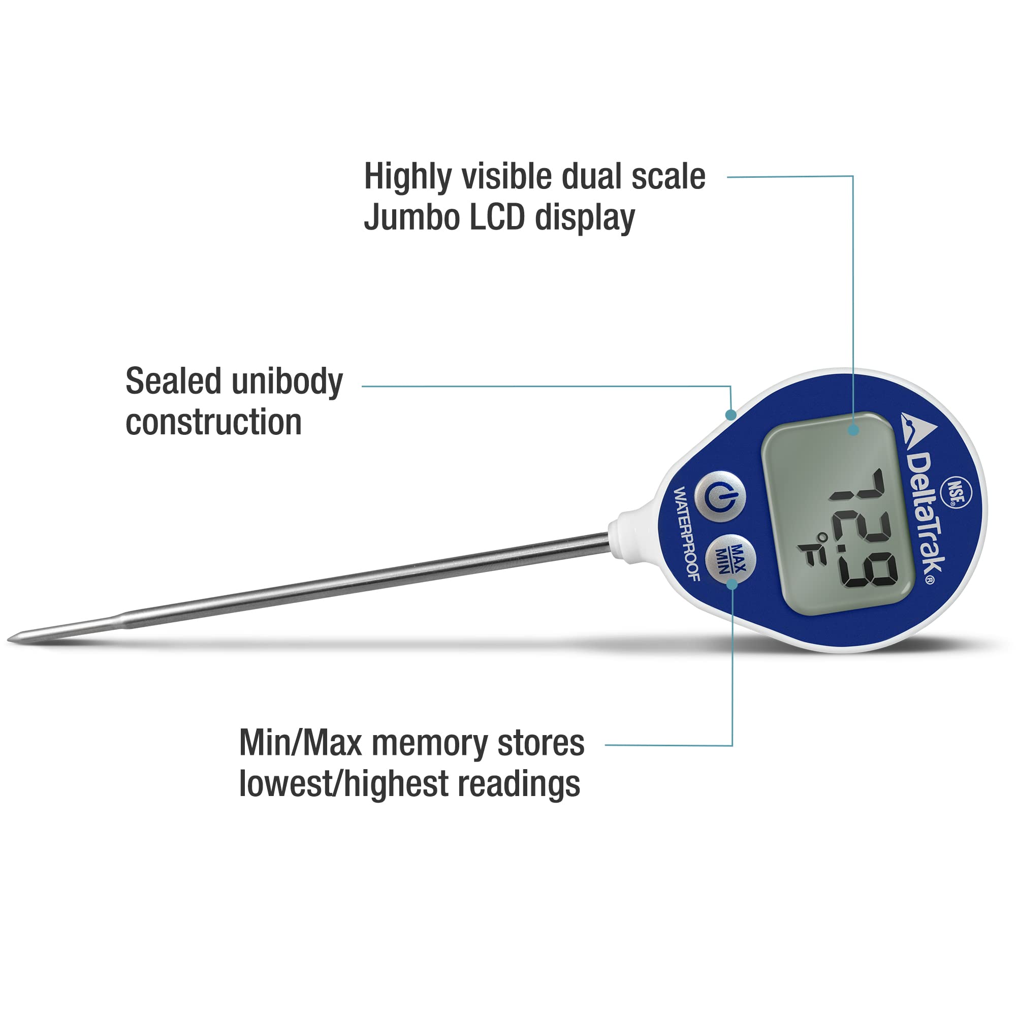 DeltaTrak 11050 waterproof probe shown for easy cleaning after use.