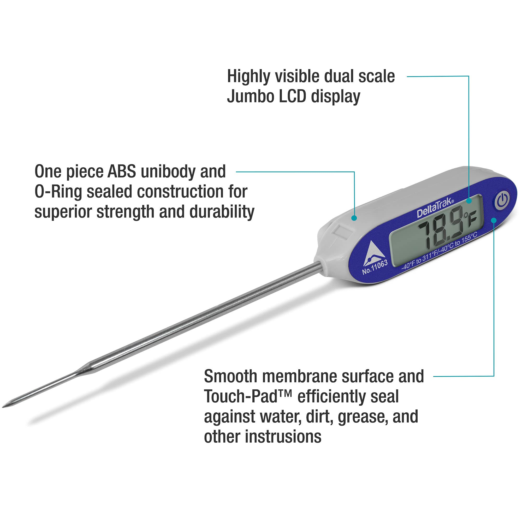 DeltaTrak waterproof IP65 thermometer designed for safe cleaning under running water.