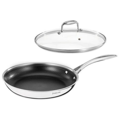 DELUXE 12-inch fry pan with glass lid offers smooth release and precise heat control.