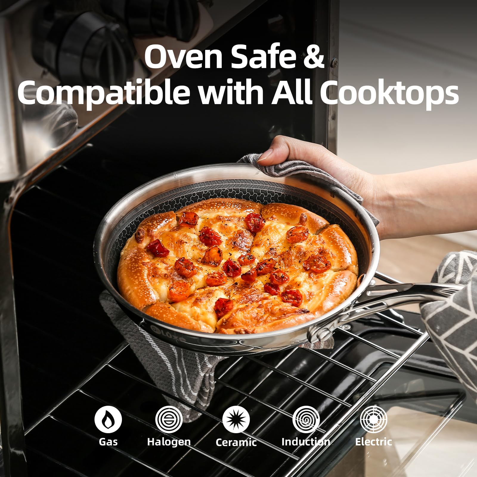 DELUXE stay-cool handle design keeps hands safe during cooking.
