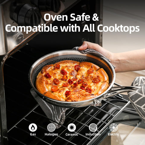 DELUXE stay-cool handle design keeps hands safe during cooking.