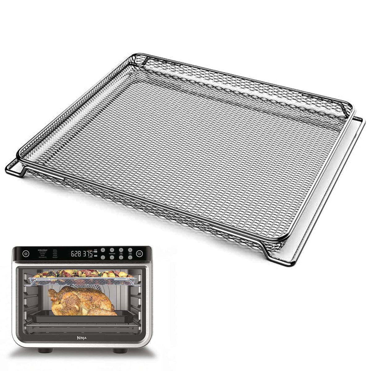 DEMEDO air fryer oven basket for Ninja DT201, front view showing fit and size.