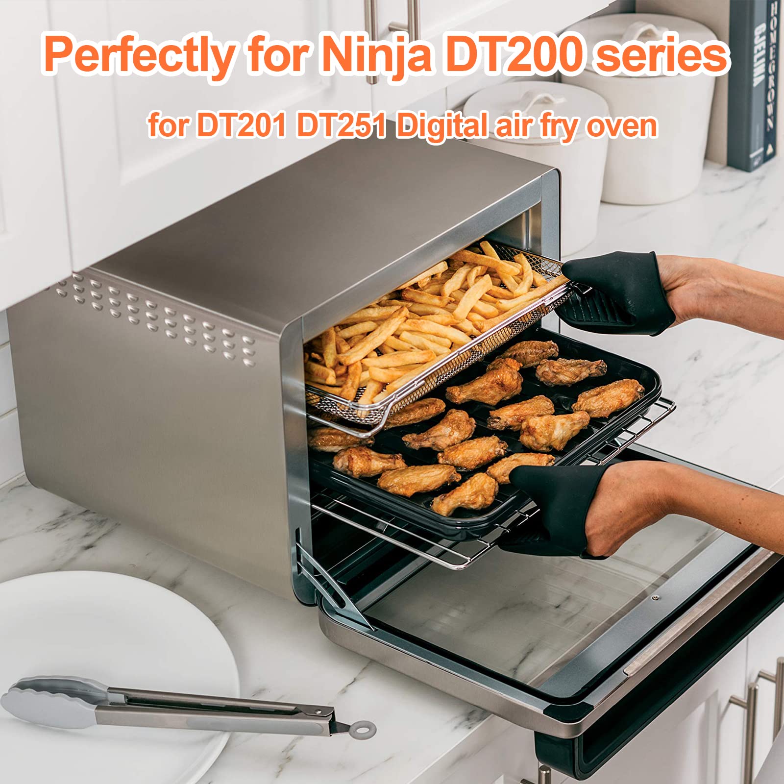 DEMEDO dishwasher-safe basket for Ninja oven, easy cleanup after cooking.