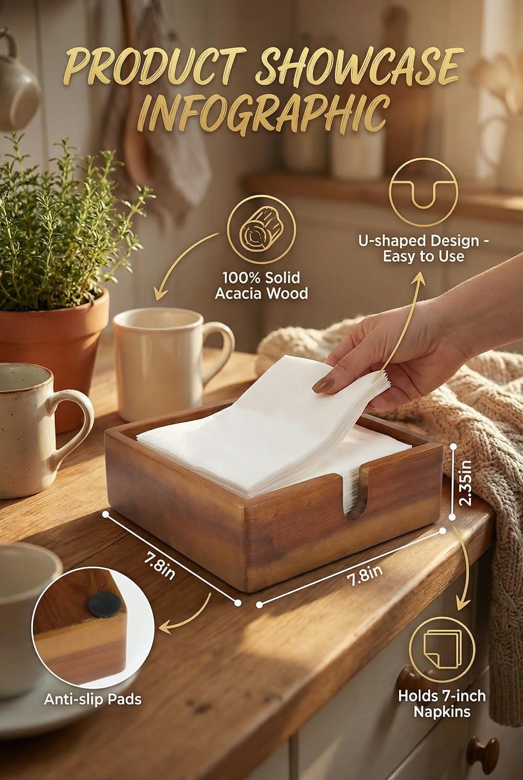 Demigo Acacia Lunch Napkin Holder, front view shows easy napkin access.
