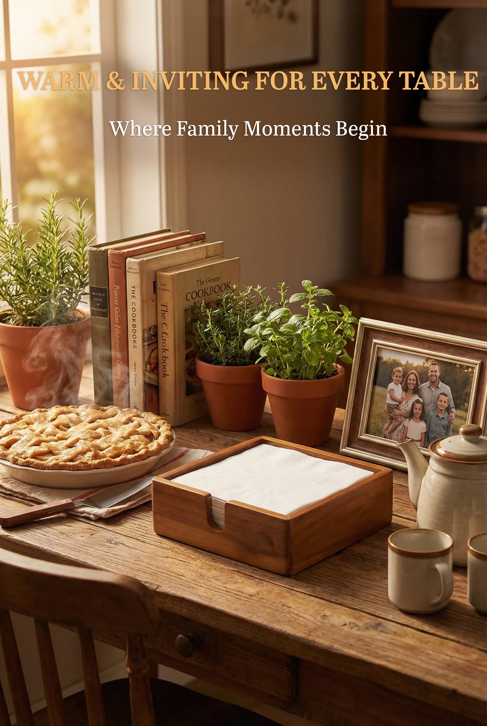 Demigo Acacia Lunch Napkin Holder on dining table with napkins ready.