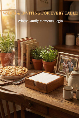 Demigo Acacia Lunch Napkin Holder on dining table with napkins ready.