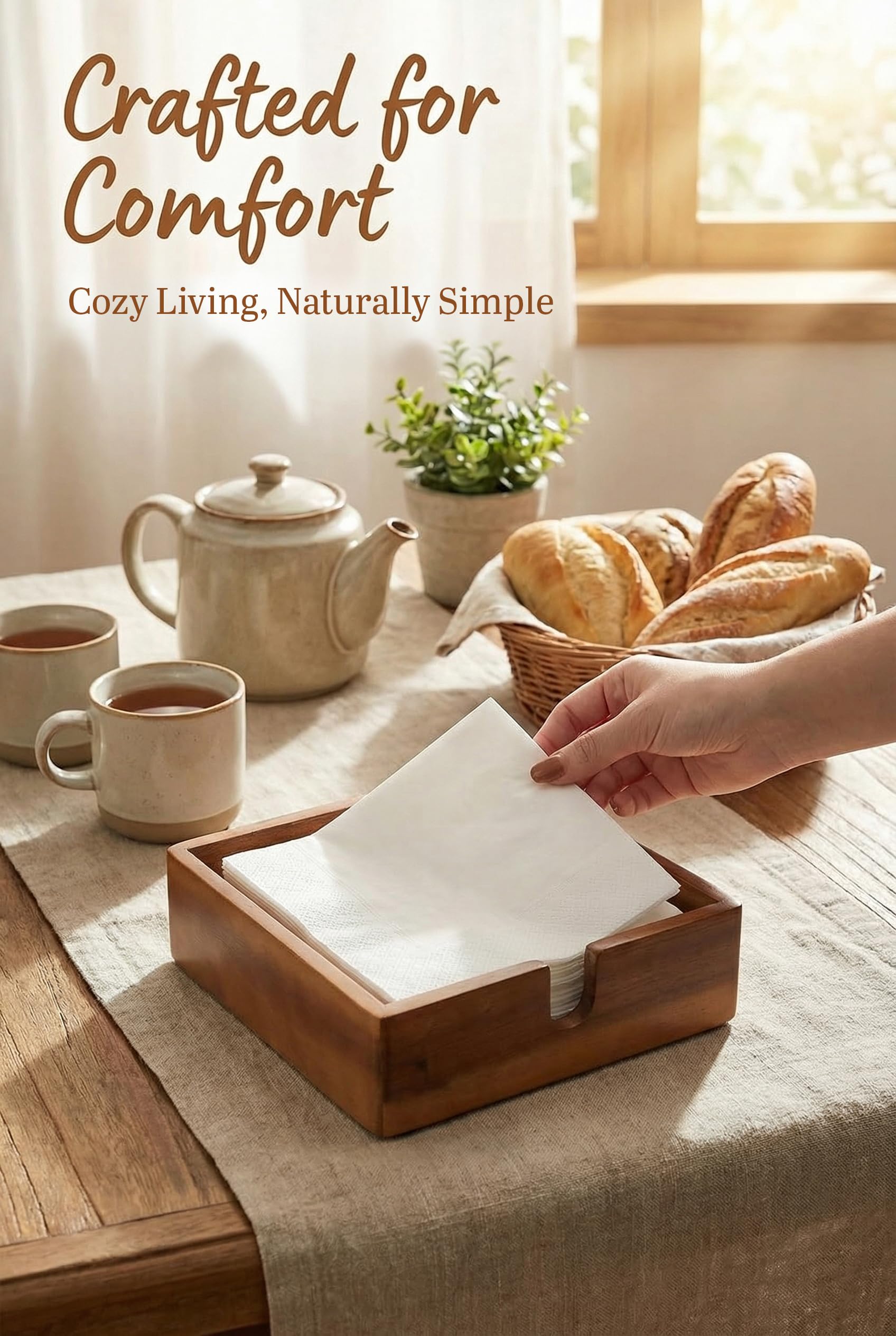 Demigo Acacia Lunch Napkin Holder, side view demonstrates compact footprint.