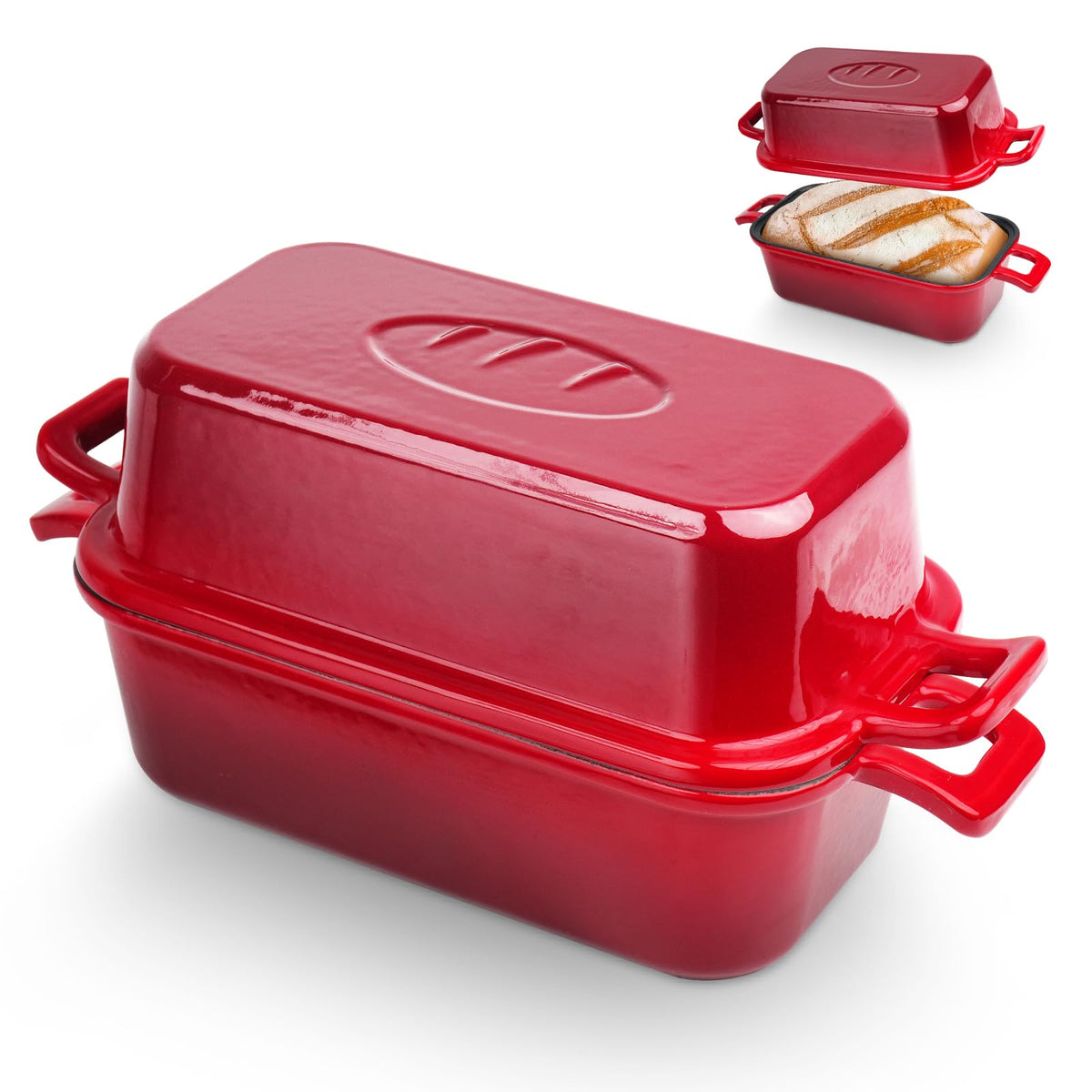 Demine bread pan with lid for even heating and crisp crust.
