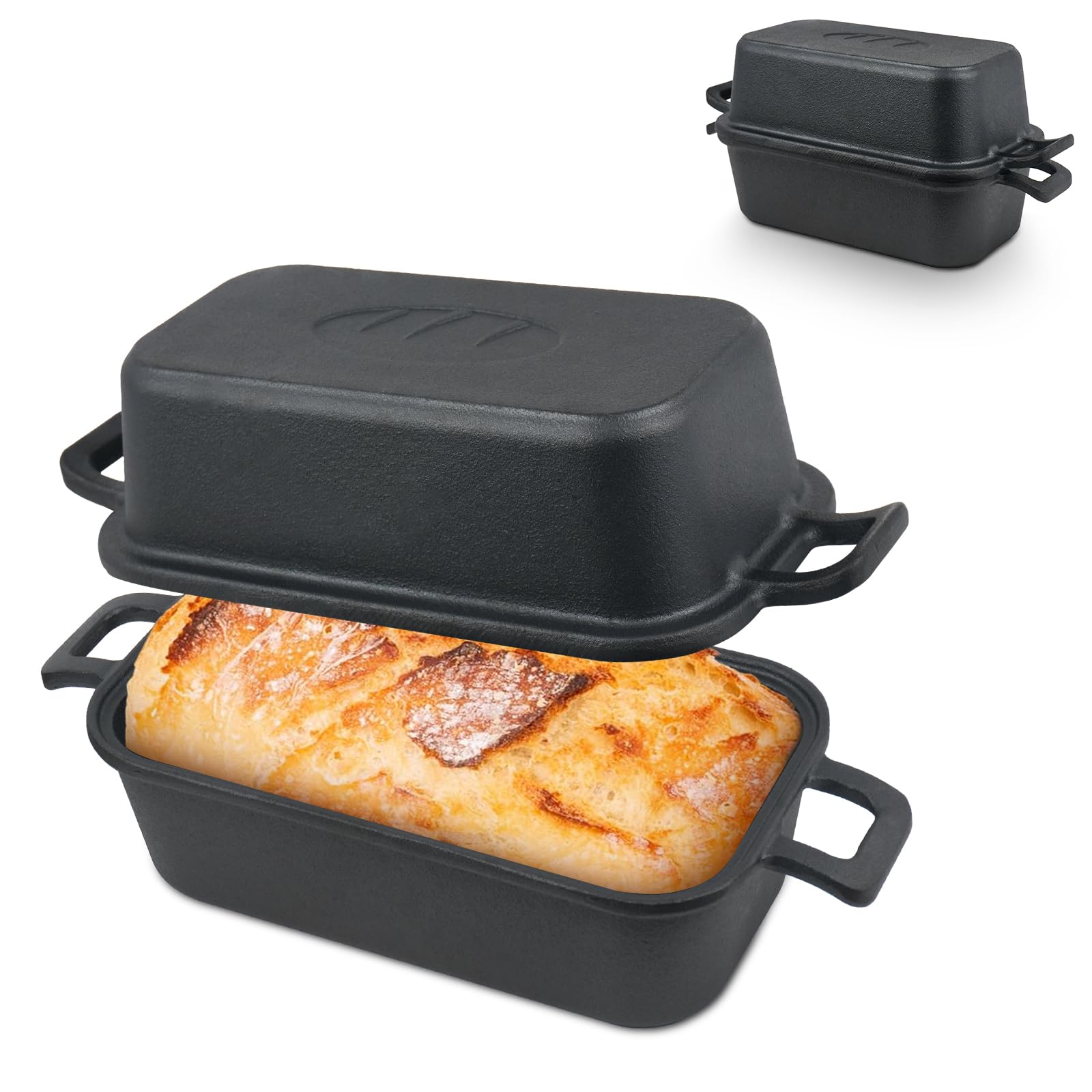 Demine cast iron loaf pan with lid on for even heat and crusty bread