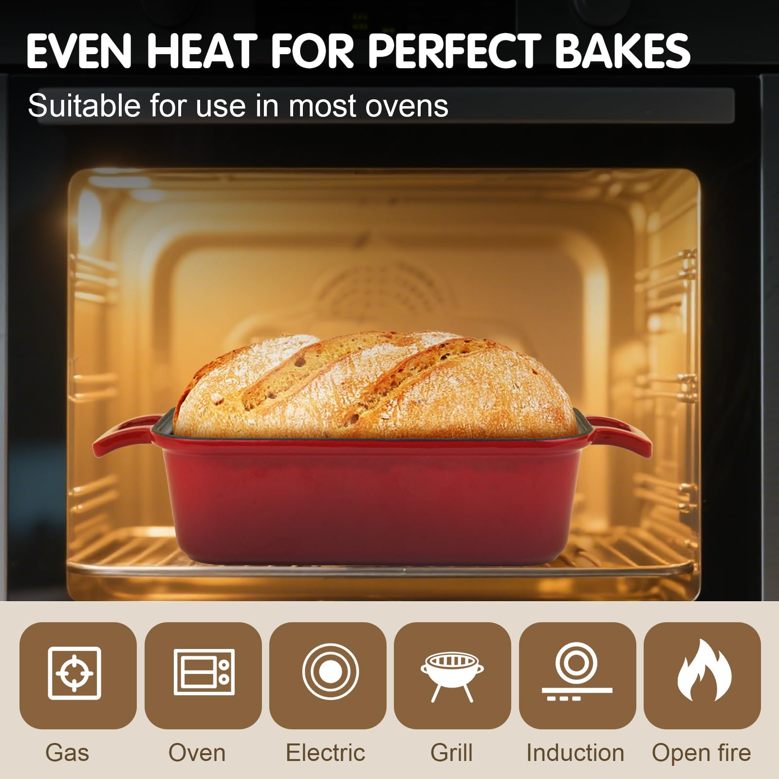 Demine enameled cast-iron loaf pan retains heat for consistent bake.