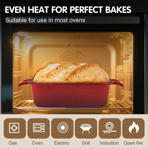 Demine enameled cast-iron loaf pan retains heat for consistent bake.