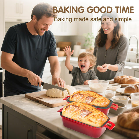 Demine ergonomic handles provide safe grip when lifting hot loaves.