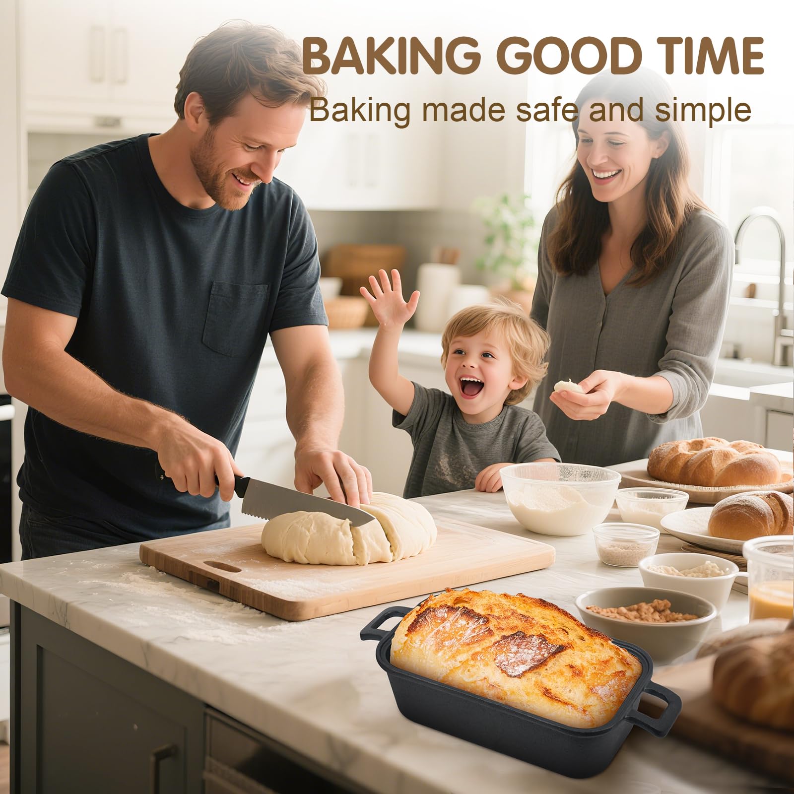 Demine loaf pan stacked for compact storage in the kitchen