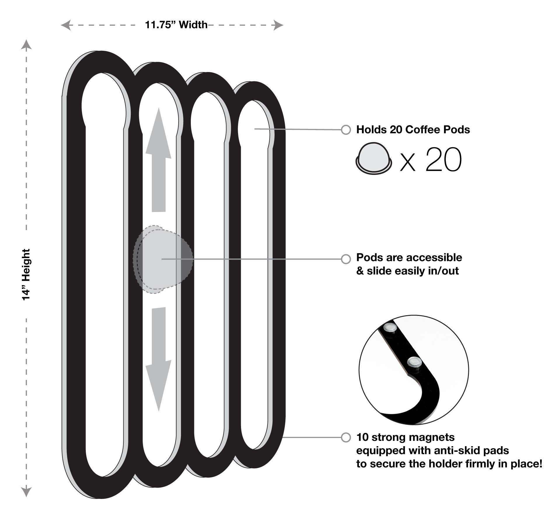 Fridge-mount pod organizer shown in vertical and horizontal orientations