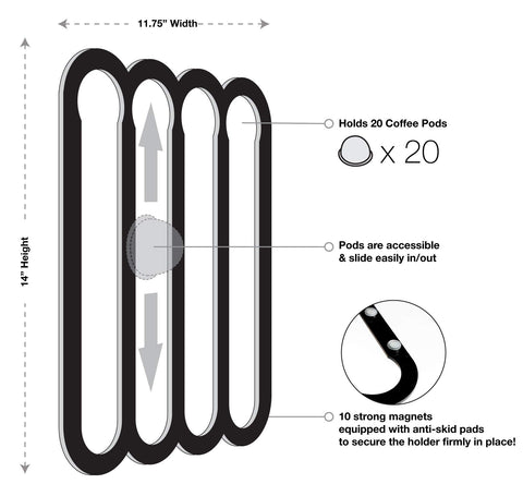 Fridge-mount pod organizer shown in vertical and horizontal orientations