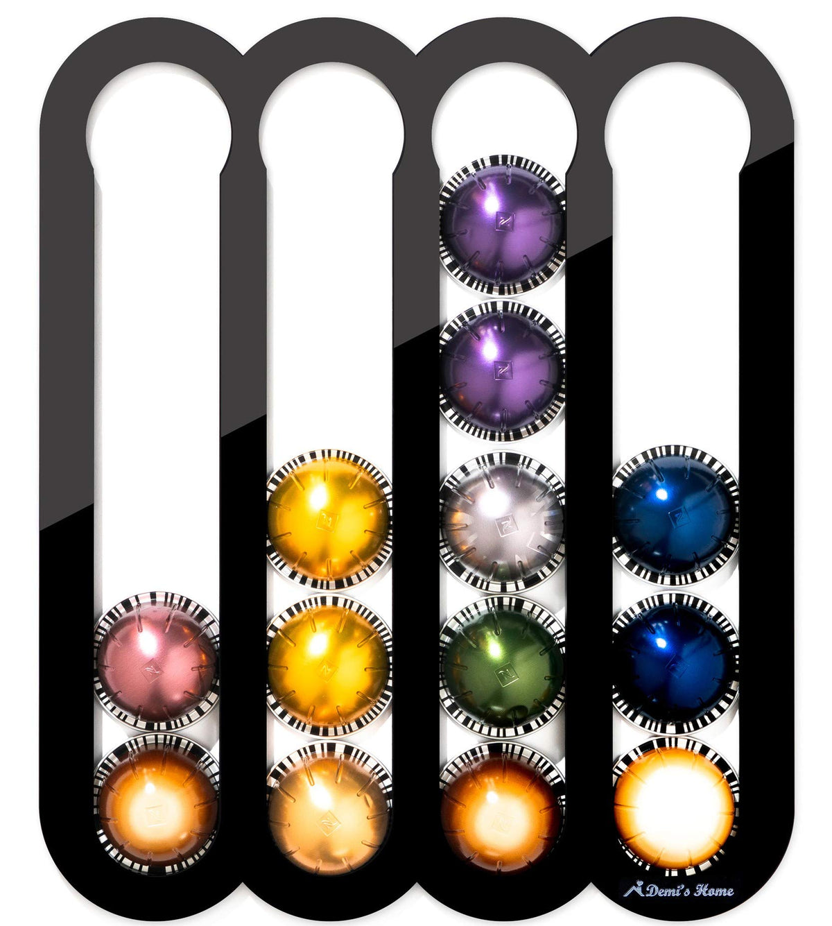 Demi's Home magnetic pod holder on fridge displaying Vertuo capsules for easy access