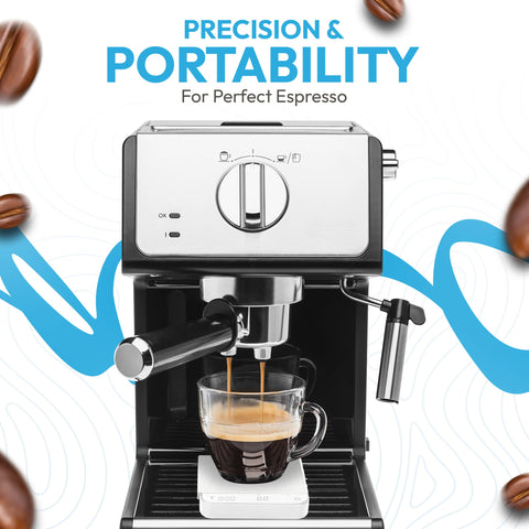 Denestora mini scale used for espresso brewing with 0.1g precision
