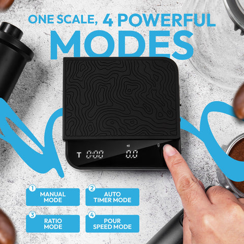 DeNestora scale with touch controls for fast, accurate brewing adjustments.