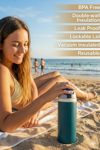 Denim Blue 24oz insulated bottle wide mouth opening for ice cubes