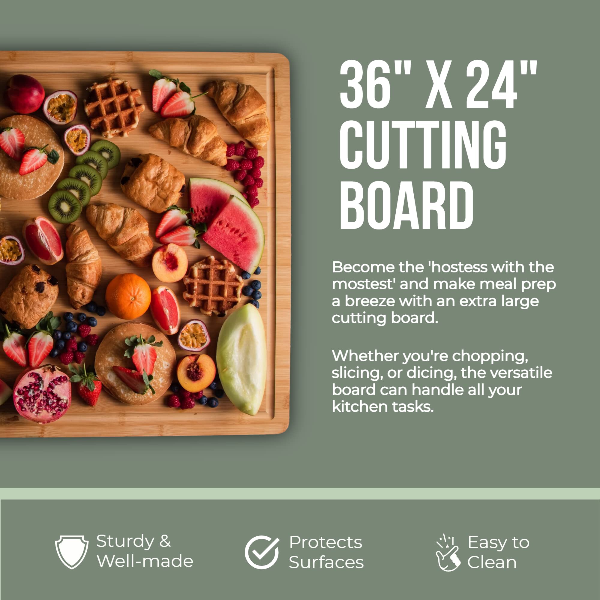 Denoffi bamboo cutting board showing natural grain and juice grooves