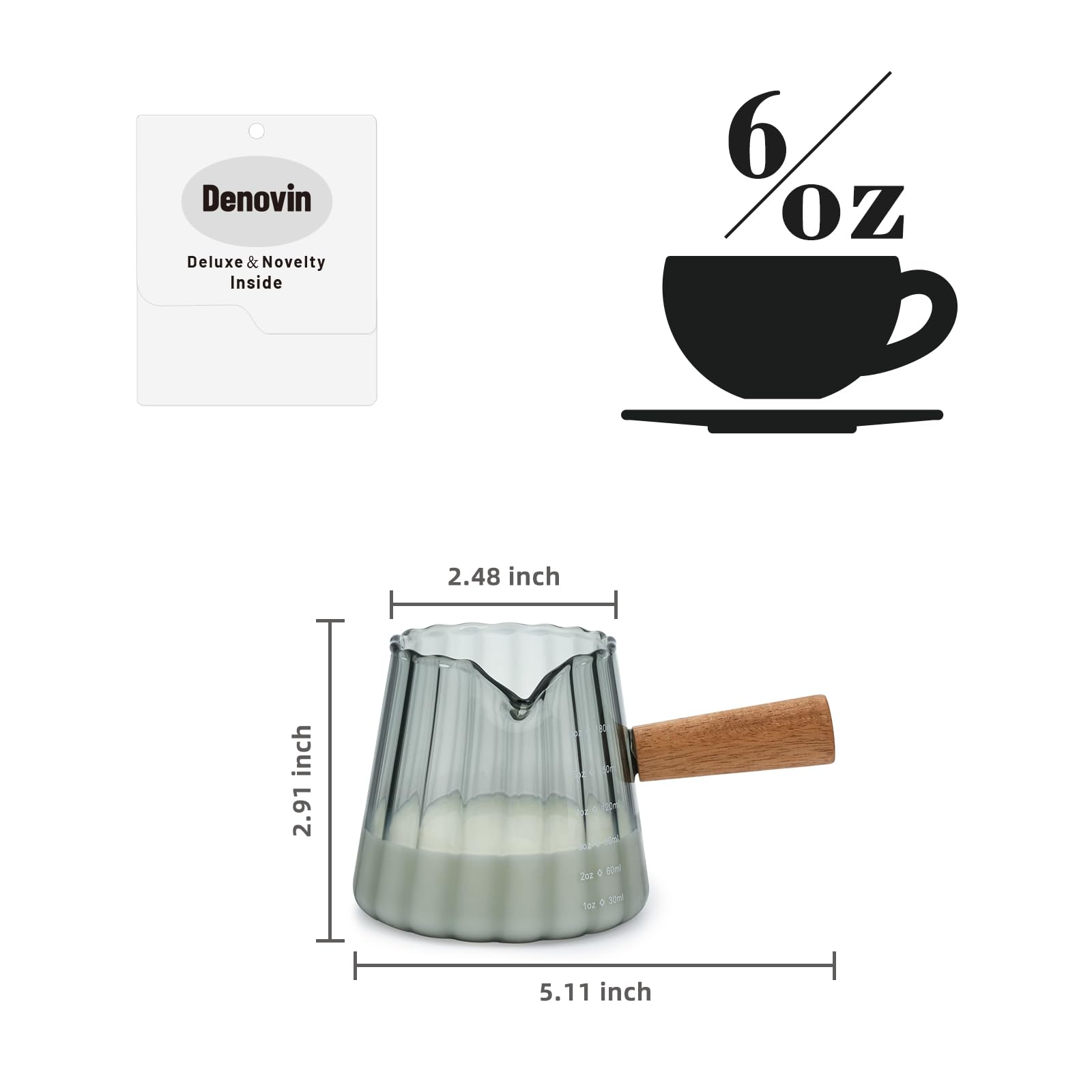Denovin wooden-handle cream pitcher for comfortable grip during milk frothing.